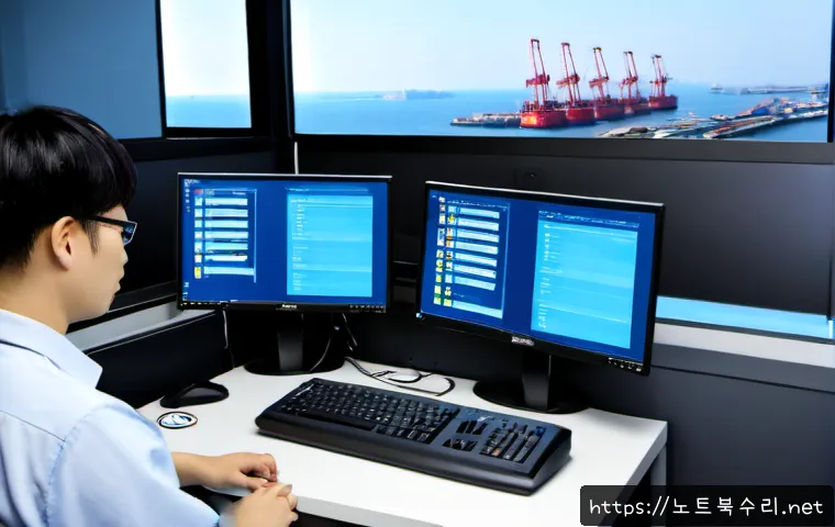 포승읍 SYSTEM_THREAD_EXCEPTION_NOT_HANDLED - Photorealistic remote IT support workstation in a modern Poseung-eup industrial office, dual monitor...