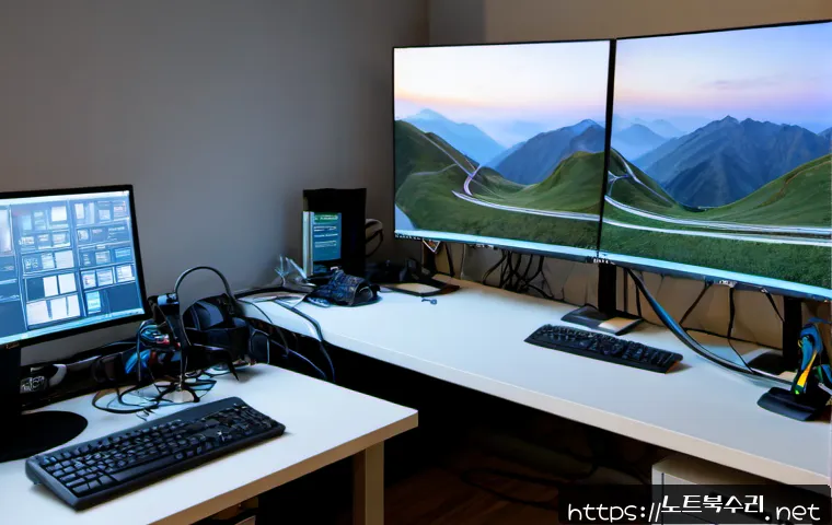 하봉암동 STATUS_PROTECTION_ERROR - Photorealistic IT support workstation in a compact Korean hillside office, dual monitors showing abs...