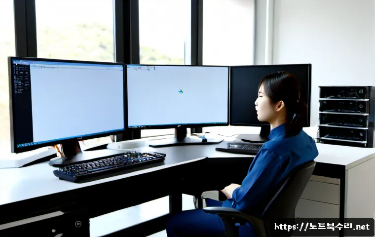 탑동 SESSION_HAS_NO_PAGEFILE - Photorealistic IT support workstation in a compact Top-dong office, dual monitors showing a clean ab...