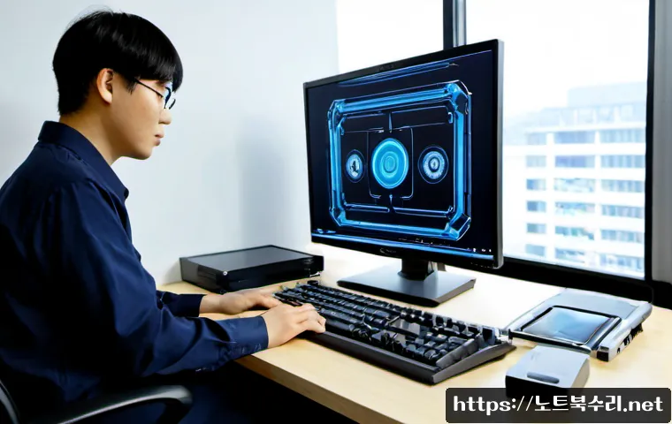 가능동 IO_DEVICE_ERROR - Photorealistic IT support workstation in a compact Korean office, technician reconnecting a portable...