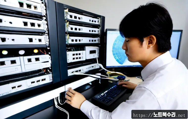 망월동 네트워크구축 설정 및 세팅오류해결 - Photorealistic IT technician configuring a compact office network in Mangwol-dong, neatly organized ...