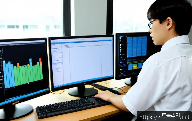 금이동 STATUS_KERNEL_RESOURCE_ERROR - Photorealistic IT support workstation in a quiet suburban Korean office, dual monitors showing abstr...