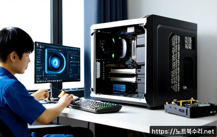 도렴동 오버클럭 뚜따 - Photorealistic high-end PC tuning workstation in a compact Seoul office, technician carefully delidd...