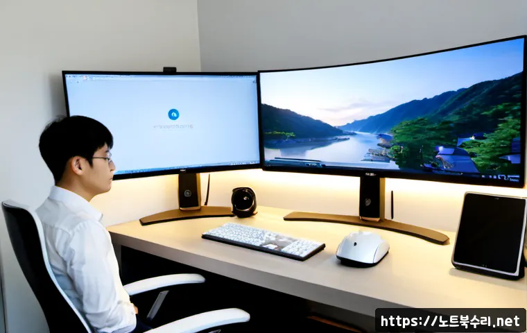 부개동 STATUS_RESOURCE_NOT_OWNED - Photorealistic IT support workstation in a compact Bucheon apartment office, dual monitors showing a...