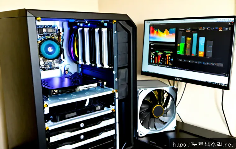 송파동 쿨러조립 및 교체수리 - Photorealistic desktop PC repair workstation in a compact Songpa-dong apartment office, technician i...