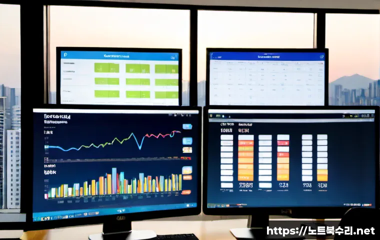 광희동 MULTIPLE_IRP_COMPLETE_REQUESTS - Photorealistic financial advisor workstation in Gwanghui-dong, Seoul, dual monitors showing abstract...