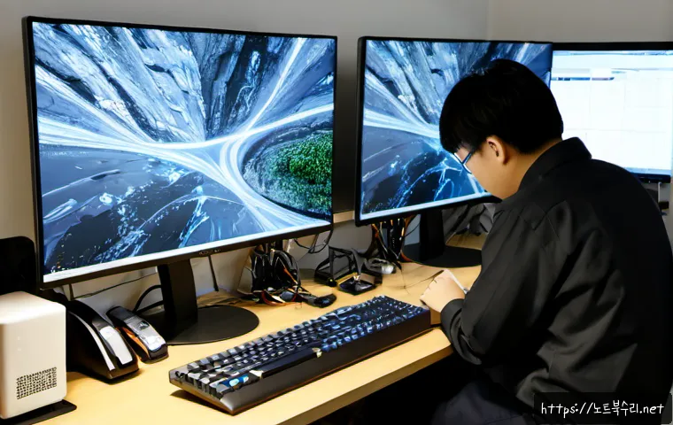 흥도동 STATUS_KERNEL_DRIVER_CORRUPTION - Photorealistic IT support workstation in a compact Heungdo-dong apartment office, dual monitors show...