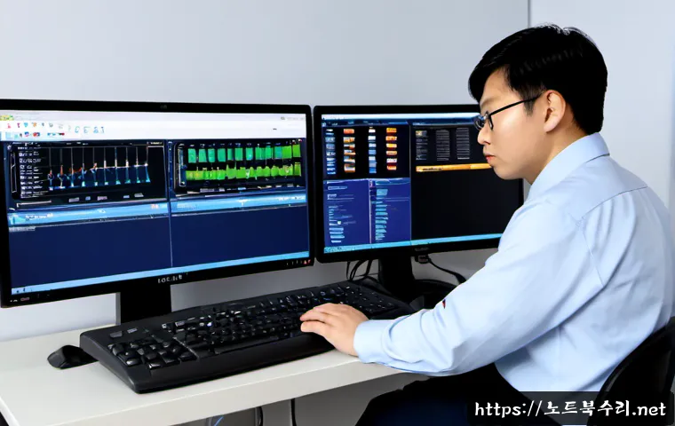 마산동 DRIVER_POWER_STATE_FAILURE - Photorealistic IT support workstation in Masan-dong, dual monitors showing a blank cobalt system err...