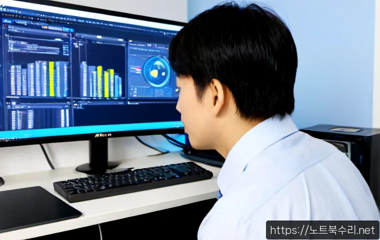 일원동 NTFS_FILE_SYSTEM - Photorealistic IT support workstation in Ilwon-dong, Seoul, dual monitors showing a clean abstract d...