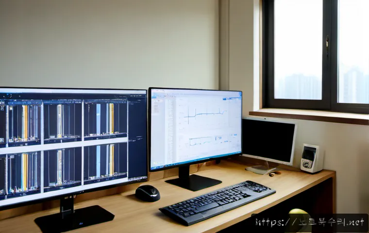 북가좌동 MEMORY_MANAGEMENT - Photorealistic compact workstation in a Bukgajwa-dong apartment office, dual monitors showing abstra...
