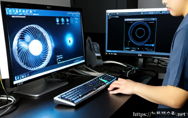 심곡동 팬돌다 멈춤 - Photorealistic remote-support workstation, close view of an open desktop computer beside a modern mo...