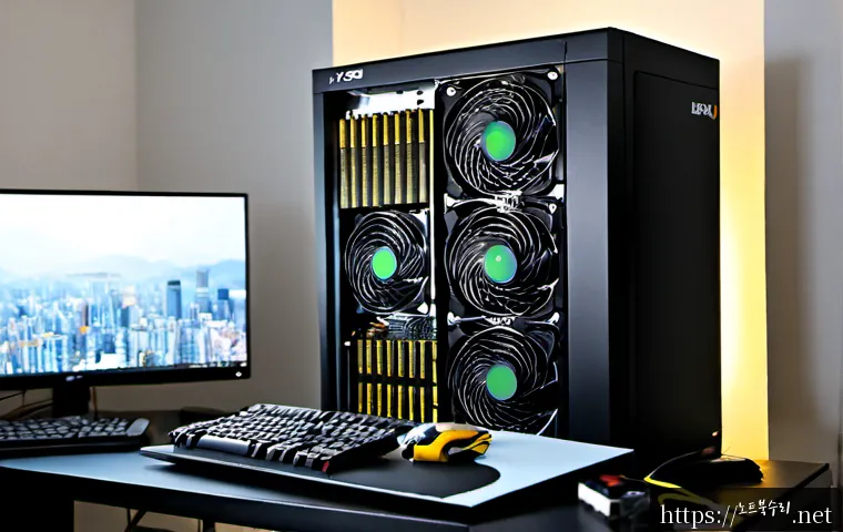 불로동 VGA조립 및 교체수리 - Photorealistic computer repair workstation in Bullo-dong, technician carefully installing a modern g...
