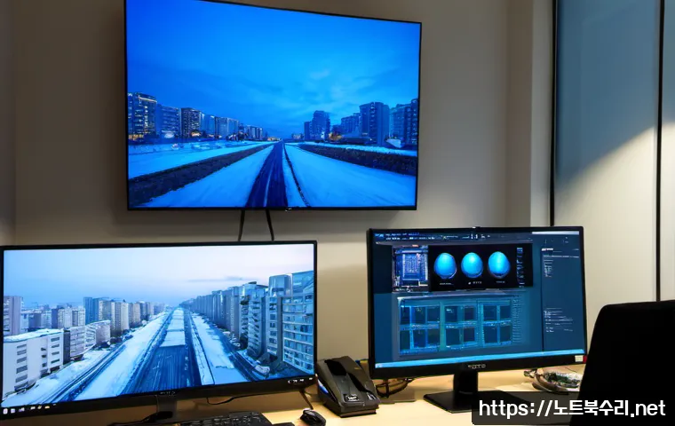 마전동 THREAD_STUCK_IN_DEVICE_DRIVER - Photorealistic IT support workstation in a modern Majjeon-dong apartment office, dual monitors showi...