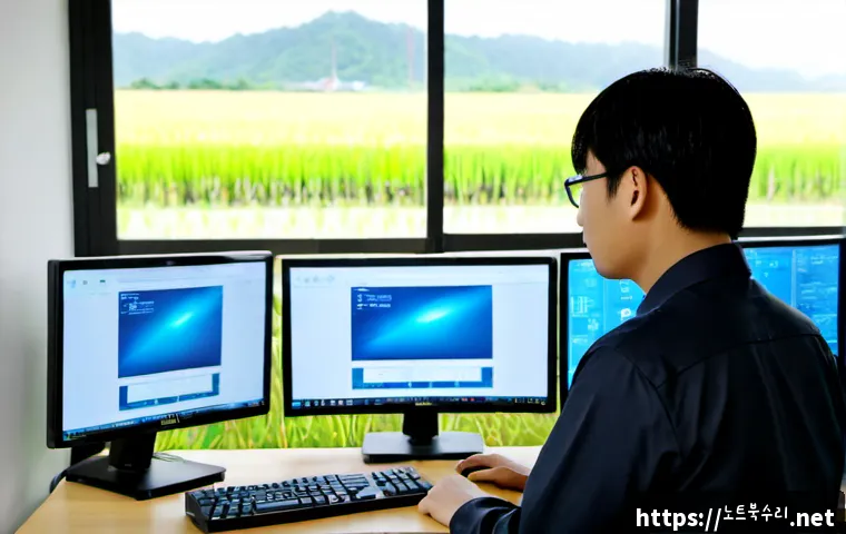 하성면 STATUS_IO_TIMEOUT - Photorealistic IT support workstation in a quiet rural Korean office near low rice fields, engineer ...