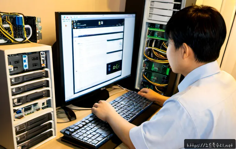 체부동 컴퓨터업그레이드 - Photorealistic computer upgrade workstation in a compact Chebu-dong apartment, technician installing...
