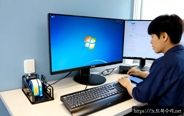 광정동 윈도우11 windows11 재설치 포맷  초기화 - Photorealistic computer repair workstation in a compact Gwangjeong-dong apartment office, technician...