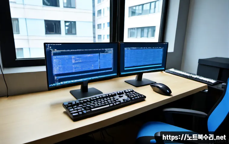 당인동 POOL_HEADER_CORRUPTION - Photorealistic IT workstation in a compact Dangin-dong studio office, dual monitors showing a corrup...