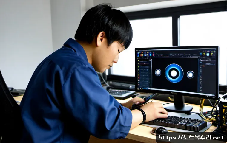 가사동 메모리조립 및 교체수리 - Photorealistic computer repair workstation in a compact Gasan-dong office studio, technician wearing...