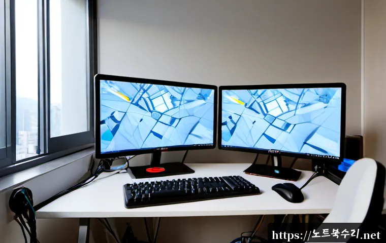 성포동 STATUS_ILLEGAL_INSTRUCTION - Photorealistic compact home office workstation in a Korean apartment district, dual monitors display...