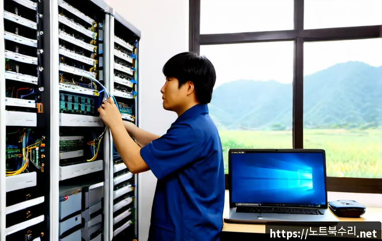 대신면 네트워크구축 설정 및 세팅오류해결 - Photorealistic IT technician configuring a compact network rack in a bright small-business office in...