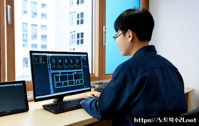 원평동 STATUS_KERNEL_CONFIGURATION_ERROR - Photorealistic remote-support workstation in a compact Wonpyeong-dong office, dual monitors showing ...