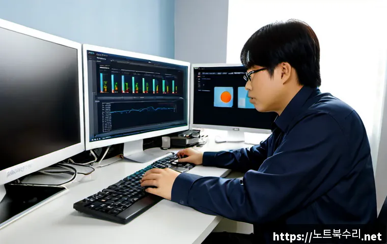 언남동 STATUS_FILE_WRITE_FAILURE - Photorealistic IT support workstation in a quiet suburban Korean office, engineer reviewing a file m...