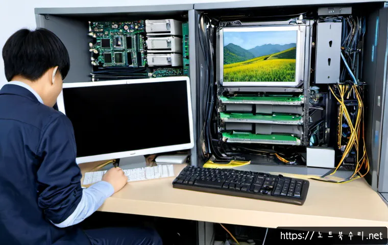 해곡동 HDD조립 및 교체수리 - Photorealistic computer repair workstation in a compact Haegok-dong office, technician carefully ins...