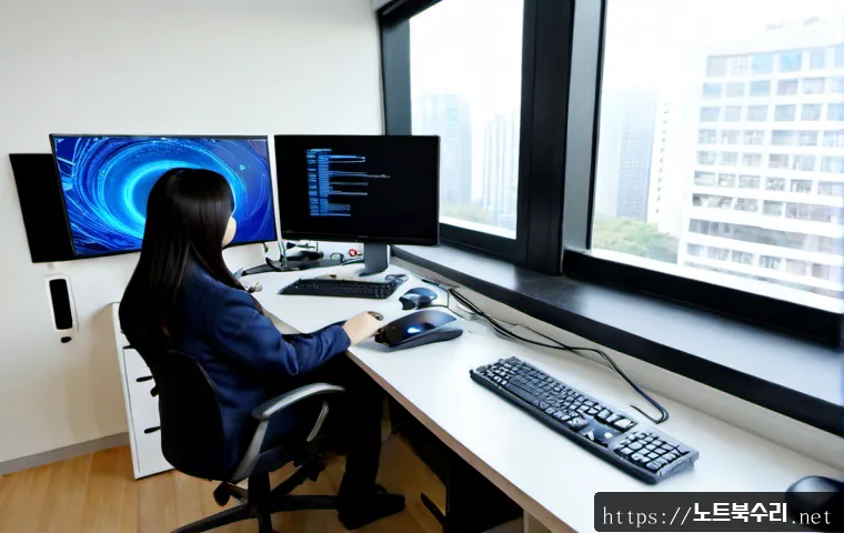 검단동 DRIVER_IRQL_NOT_LESS_OR_EQUAL - Photorealistic IT support workstation in a modern Geomdan-dong apartment office, dual monitors showi...