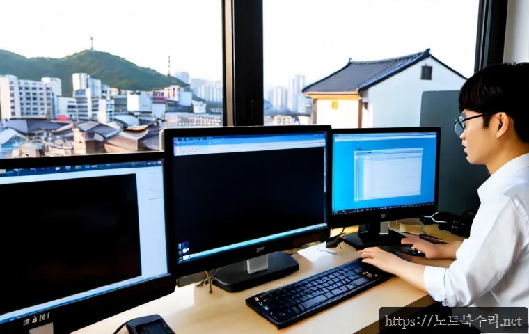 대현동 STATUS_PRIVILEGED_INSTRUCTION - Photorealistic IT support workstation in a compact Daehyeon-dong apartment office, technician using ...