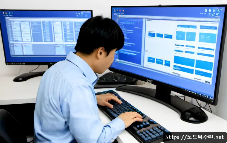 수내동 KERNEL_SECURITY_CHECK_FAILURE - Photorealistic IT support workstation in a modern Bundang apartment office, dual monitors with one s...