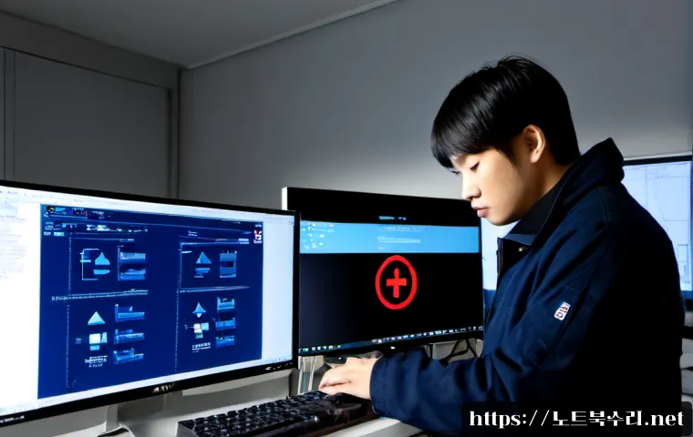 김포시 STATUS_KERNEL_BLOCKED - Photorealistic IT support workstation in a modern Gimpo office, dual monitors showing a frozen abstr...