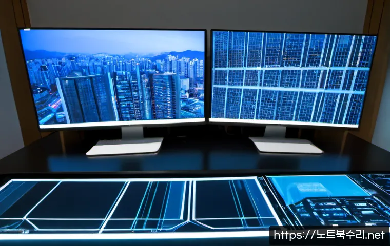 대치동 ATTEMPTED_EXECUTE_OF_NOEXECUTE_MEMORY - Photorealistic cybersecurity workstation in a polished Daechi-dong office tower, dual monitors showi...