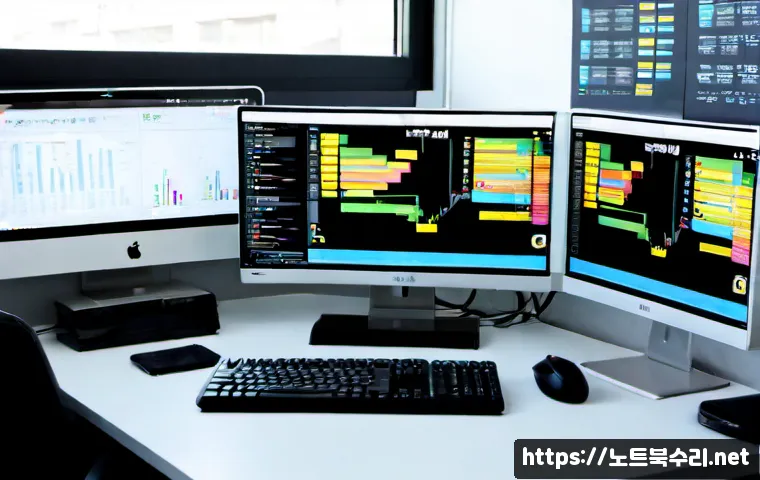 남창동 MULTIPLE_IRP_COMPLETE_REQUESTS - Photorealistic IT support workstation in a compact Namchang-dong office, dual monitors showing abstr...