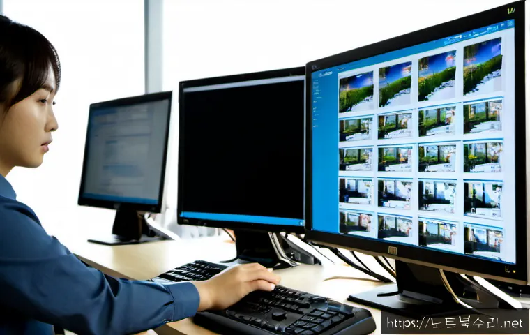 일산서구 POOL_CORRUPTION_IN_FILE_AREA - Photorealistic IT support workstation in a modern Daehwa business office, dual monitors showing a da...