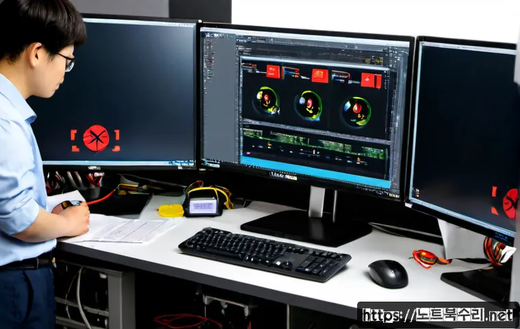 충무로 STATUS_UNSUCCESSFUL - Photorealistic IT support workstation in a compact Chungmuro print-studio office, dual monitors show...