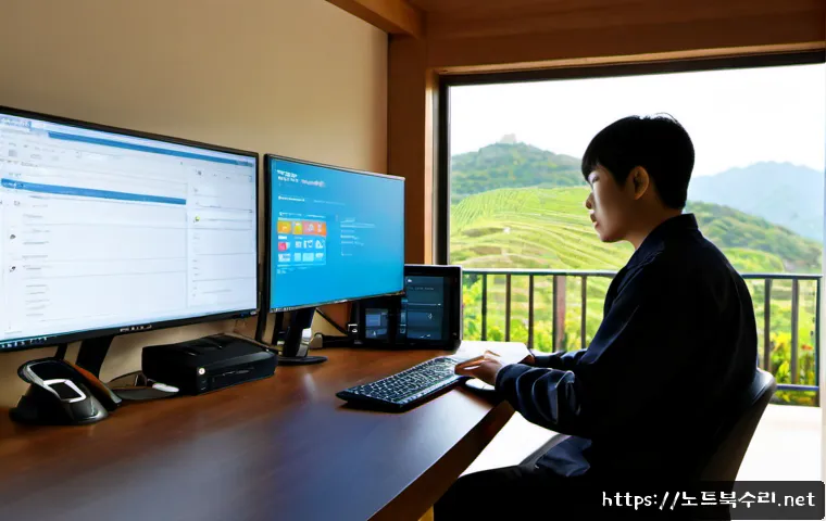 평창동 DRIVER_CAUGHT_MODIFYING_FREED_POOL - Photorealistic cybersecurity workstation in a quiet hillside home office, dual monitors showing abst...
