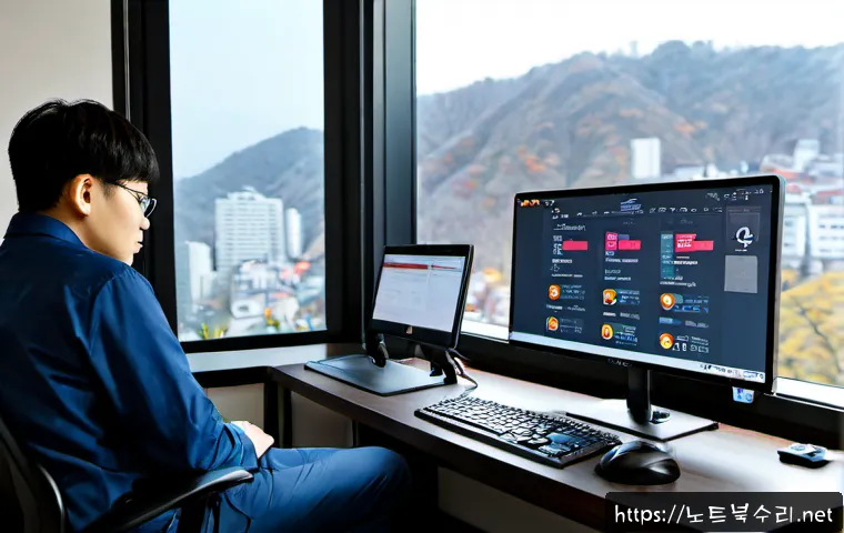 남산동 BOOTMGR is Compressed - Photorealistic IT support workstation in a compact Namsan-dong office, desktop monitor showing a gen...