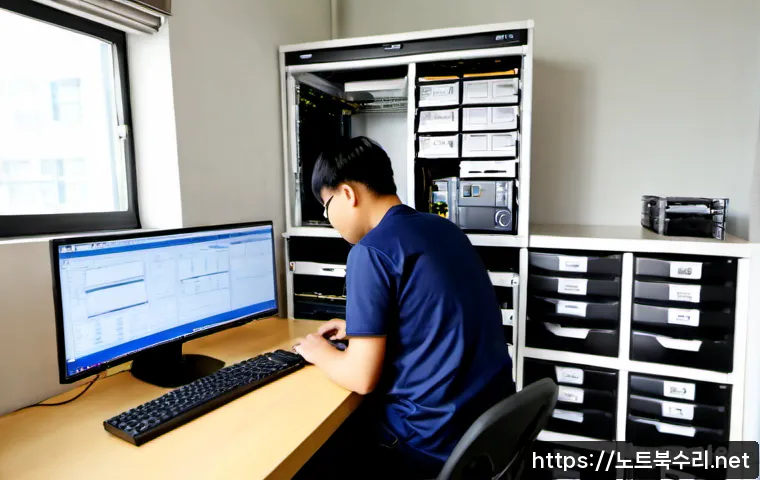 방화동 NAS출장방문수리점 - Photorealistic onsite NAS repair in a compact Banghwa-dong apartment study, technician connecting a ...