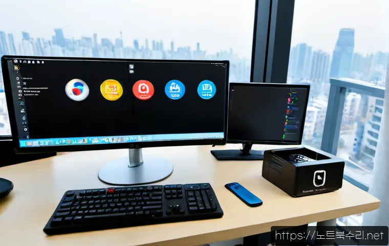 맥금동 IO_DEVICE_ERROR - Photorealistic remote-support workstation in a modern Geumgok-dong apartment office, sleek unbranded...
