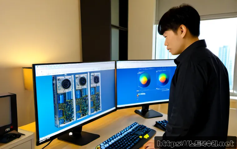 호매실동 NMI_HARDWARE_FAILURE - Photorealistic IT support workstation in a modern apartment office, desktop tower opened beside a du...