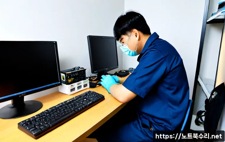장록동 HDD조립 및 교체수리 - Photorealistic desktop computer repair bench in a compact Jangnok-dong apartment office, technician ...