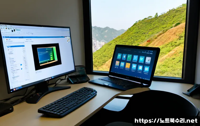 관문동 STATUS_FILE_CORRUPTION - Photorealistic remote-support workstation in a compact Korean apartment office, dual monitors showin...