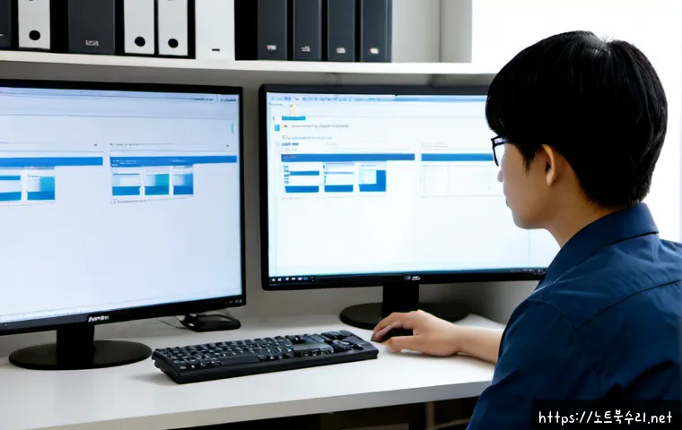 월피동 UDFS_FILE_SYSTEM - Photorealistic remote-support workstation in a compact Wolpidong apartment office, dual monitors sho...