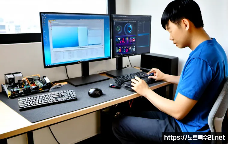 고등동 RAM조립 및 교체수리 - Photorealistic remote PC repair workstation in a compact high-rise apartment office, technician care...
