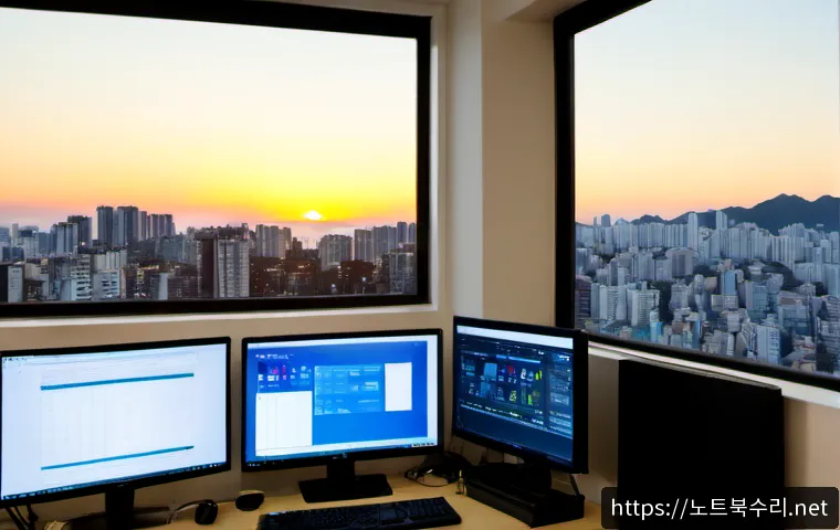 오도동 STATUS_KERNEL_DATA_CORRUPTION - Photorealistic IT support workstation in a compact apartment office, dual monitors showing abstract ...
