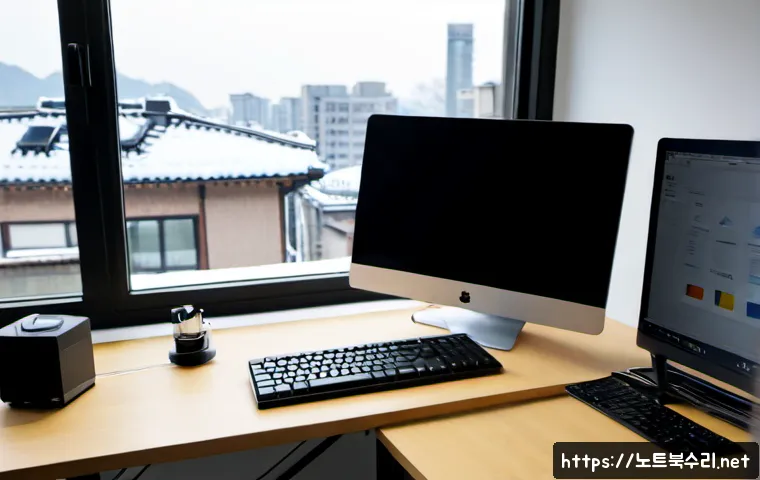 삼가동 KERNEL_STACK_INPAGE_ERROR - Photorealistic desktop workstation in a compact Sangga-dong design studio, dual monitors showing a f...