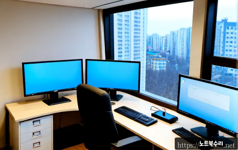 하거동 프로그램응답없음 - Photorealistic IT support workstation in a Hagye-dong apartment office, dual monitors showing a froz...