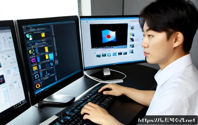 오도동 STATUS_IMAGE_CORRUPTION - Photorealistic IT support workstation in a compact Korean office, dual monitors showing a graphics a...