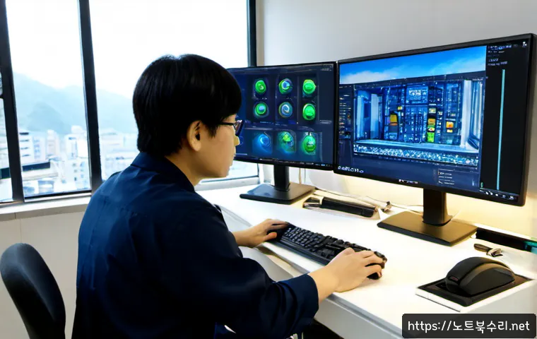 마산동 STATUS_KERNEL_THREAD_TIMEOUT - Photorealistic IT support workstation in Masan-dong, dual monitors frozen on abstract unbranded CAD ...