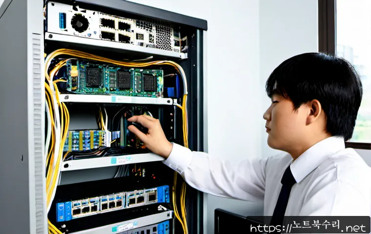 진서면 서버출장방문수리점 - Photorealistic on-site server repair in a quiet rural Korean township office, technician replacing a...